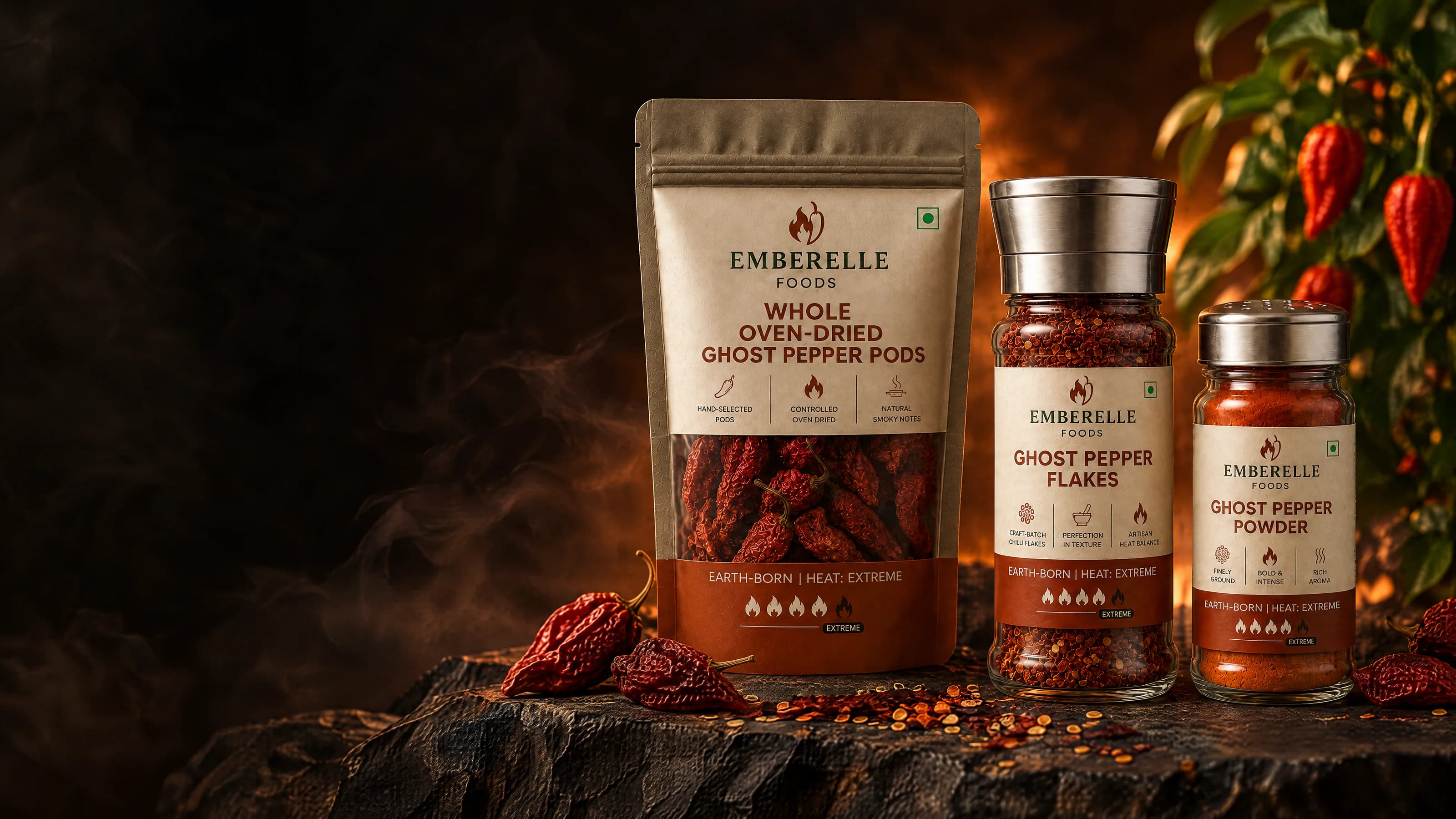 Emberelle Foods Ghost Pepper Flakes, Powder and Whole Pods on dark basalt with fresh Naga chillies
