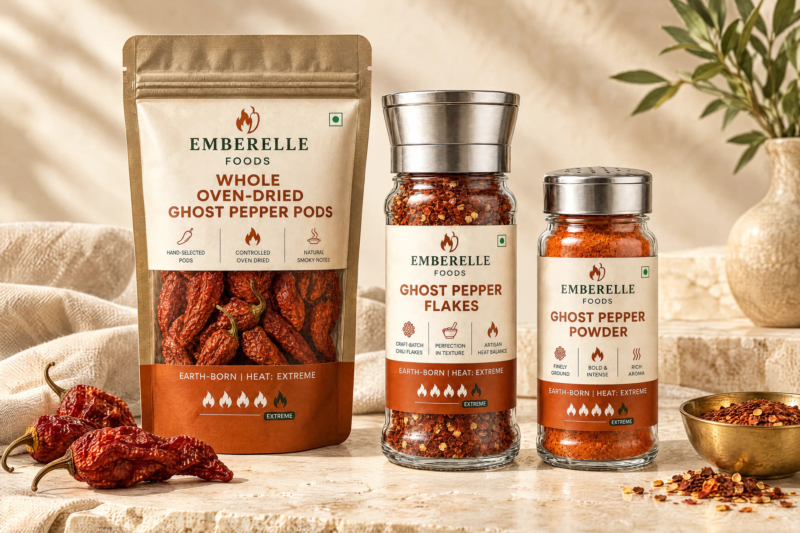 Emberelle Foods Ghost Pepper Flakes, Whole Pods and Powder on cream limestone with dried pods