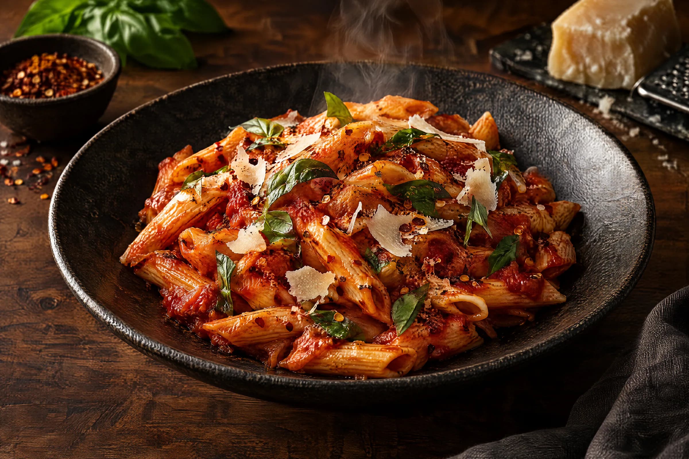 Bowl of penne arrabbiata with chilli flakes, basil and parmesan