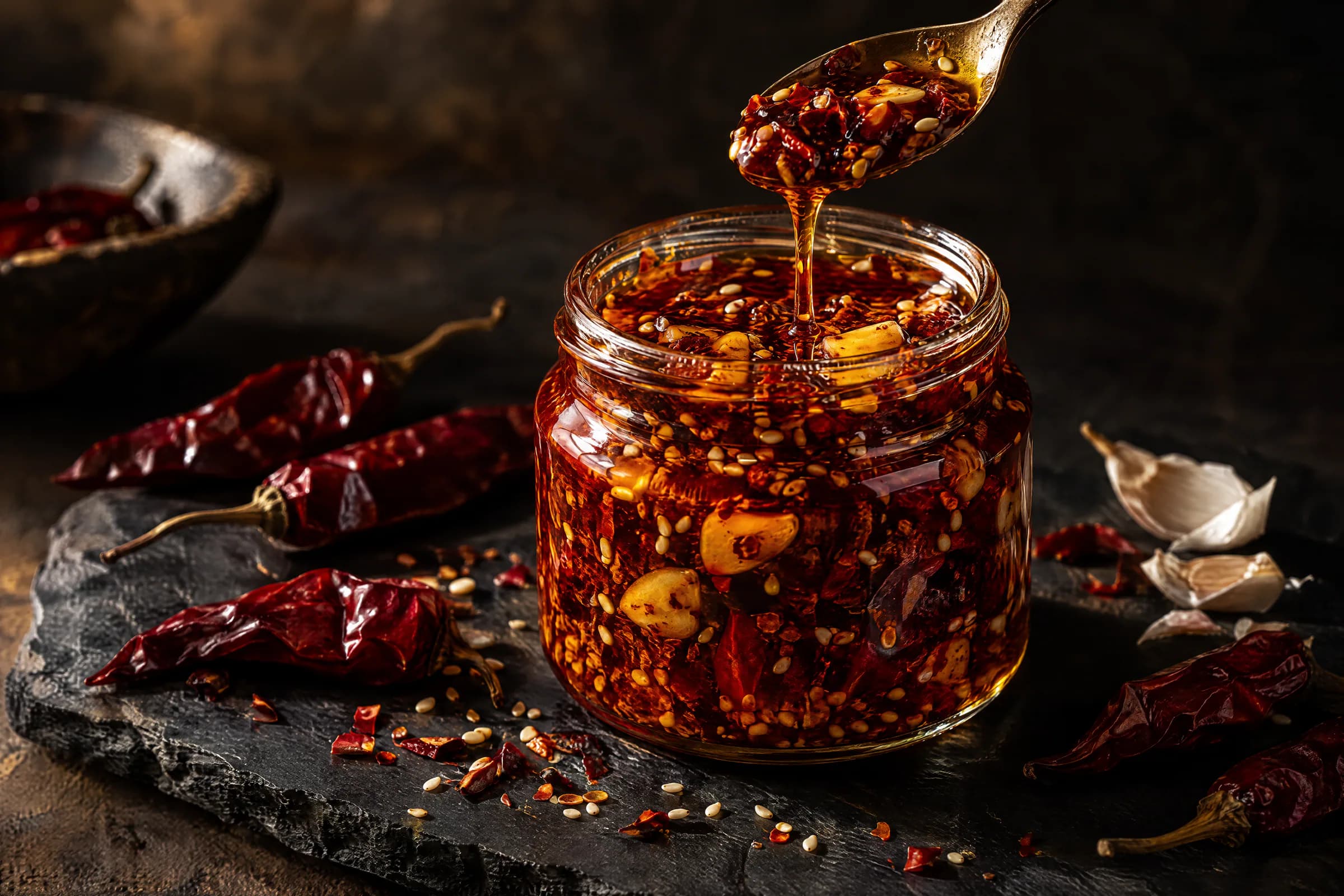 Jar of red chilli oil with chilli flakes and sesame seeds, a spoon lifting a drizzle
