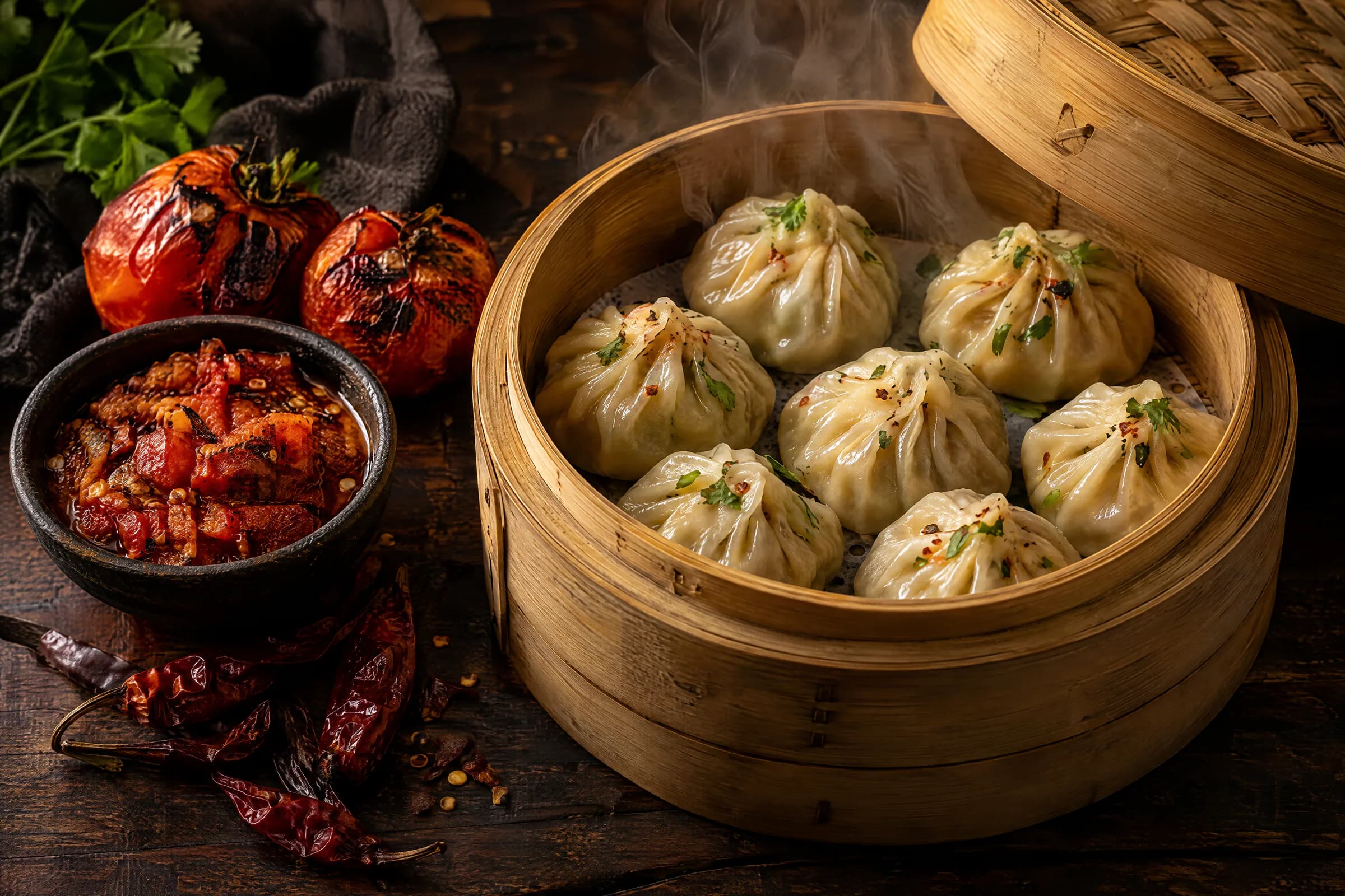 Steamed momos with a bowl of red tomato and chilli chutney