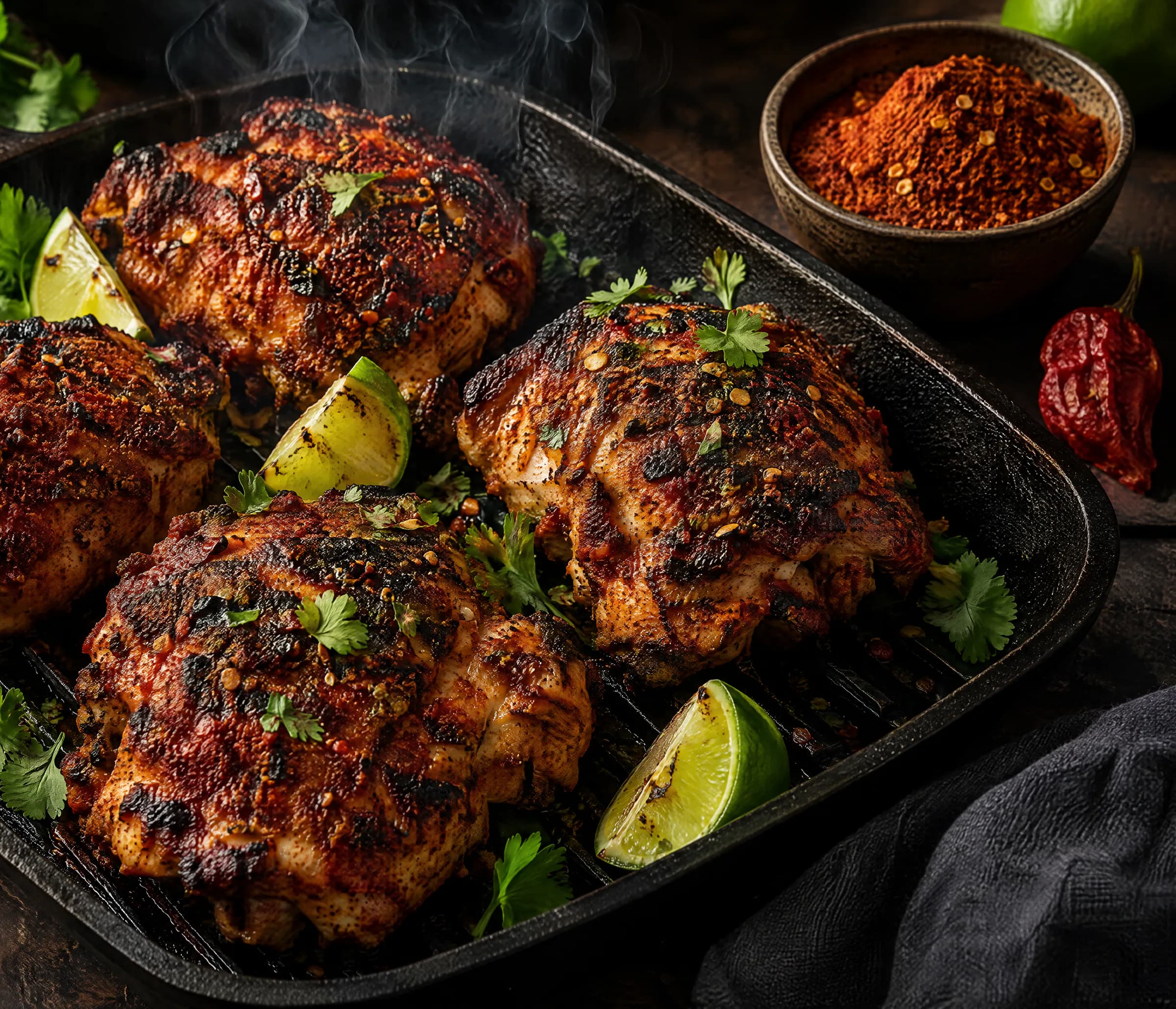 Grilled chicken thighs coated in a red spice rub with lime wedges