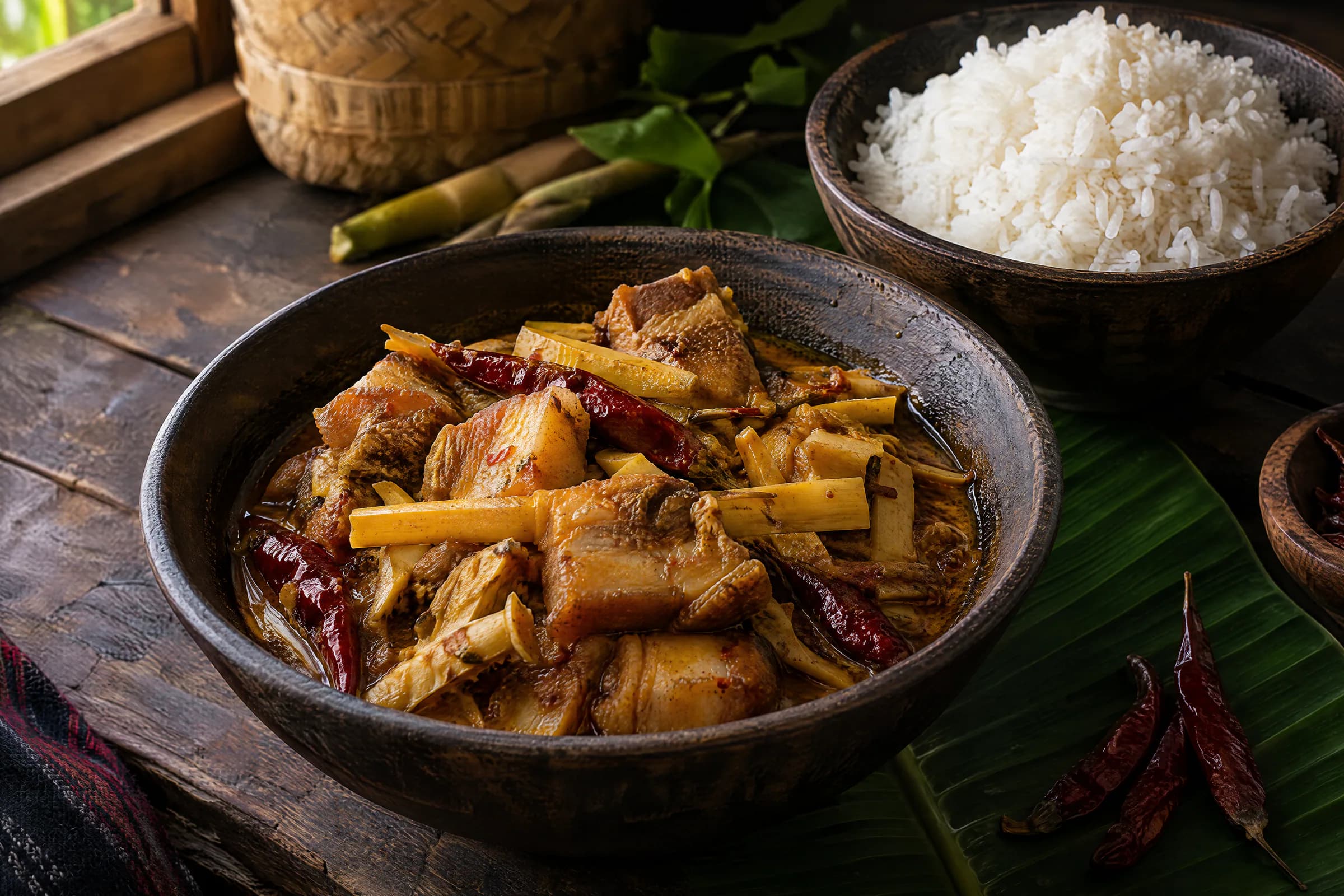 Bowl of pork curry with bamboo shoot and whole dried red chillies, with rice
