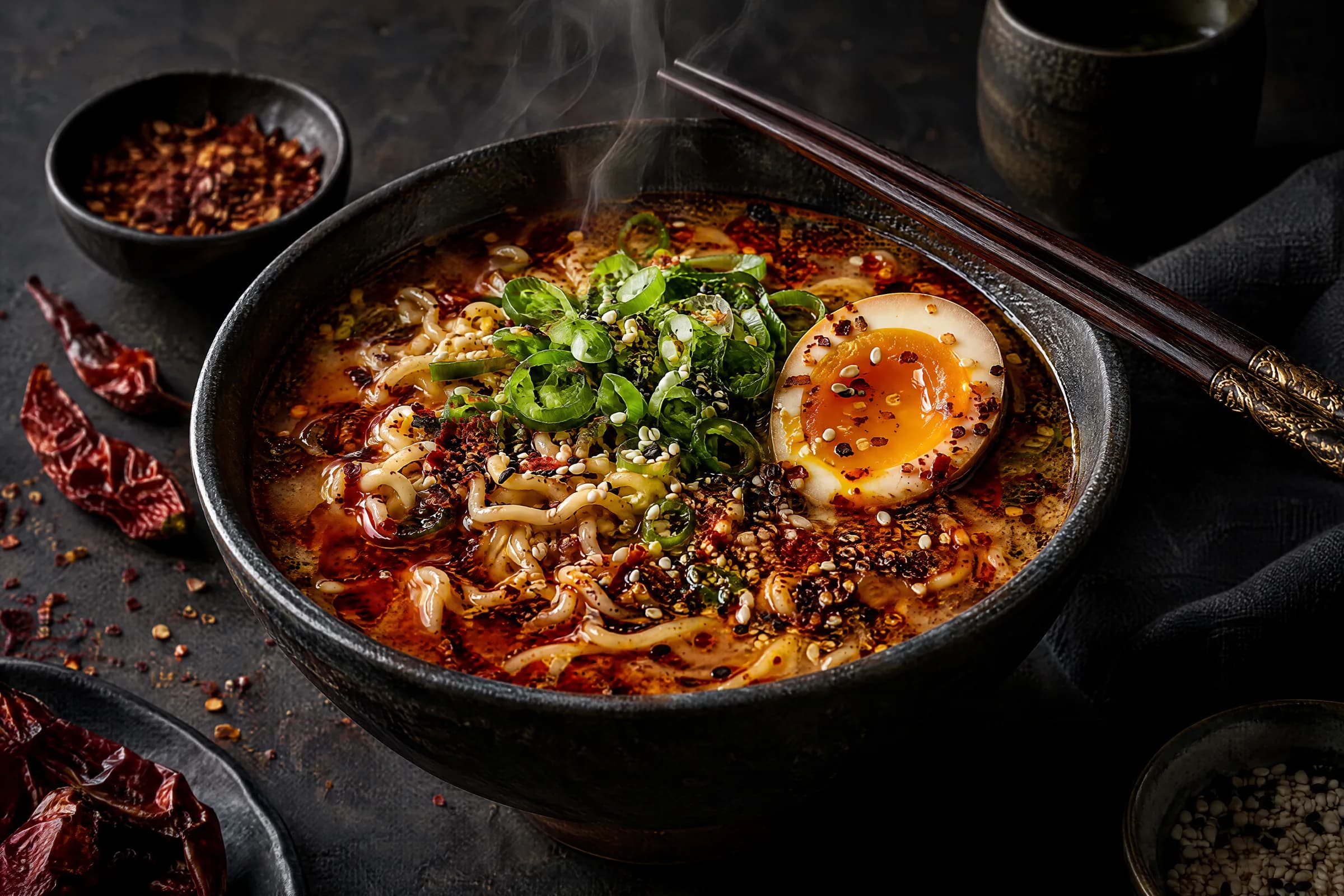 Bowl of ramen with chilli oil, soft-boiled egg and spring onions